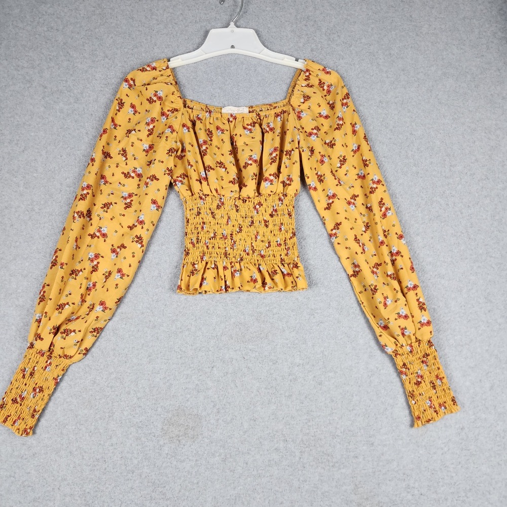 Ultra Flirt Cropped Top Women XS Yellow Floral Boho Pleated Smocked Waist & Cuff